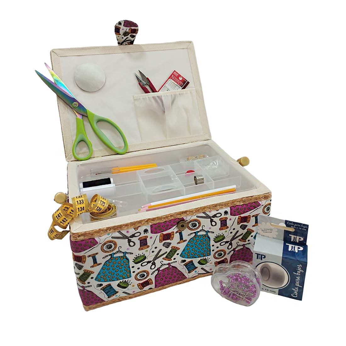 JYC CREATIVE Large Sewing Box with Sewing Accessories, Fabric Lined Sewing Box with Compartments, Complete Sewing Box, Gift for Mothers, Friends, Sisters,