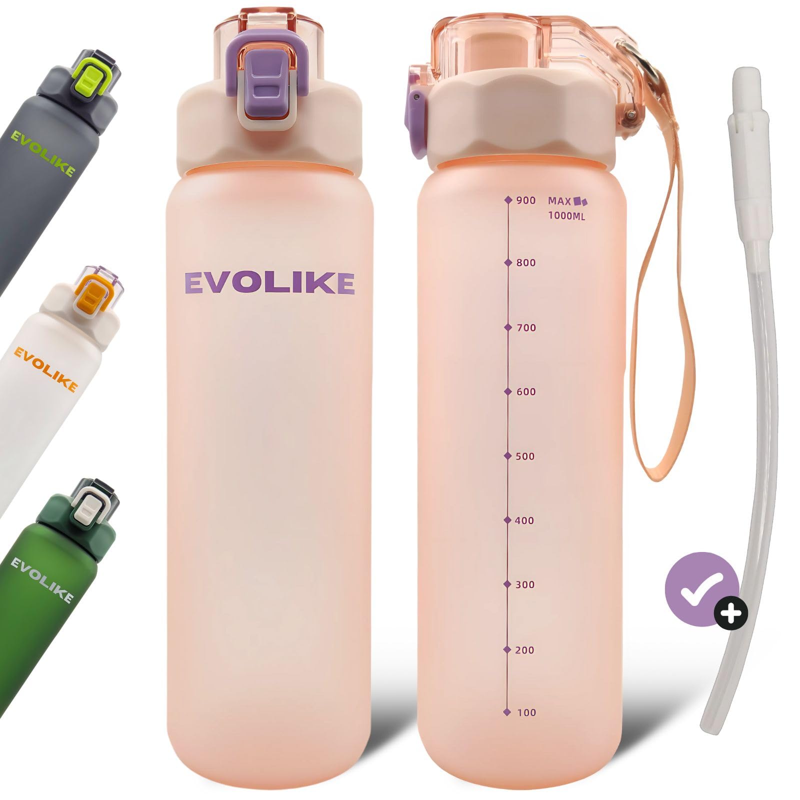 Evolike water bottle 1l with straw (pink)