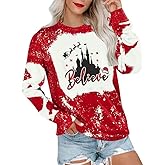 MOUSYA Believe Christmas Shirts for Women Believe Santa Hat Graphic Sweatshirt Christmas Bleached Shirt Holiday Party Tees Red