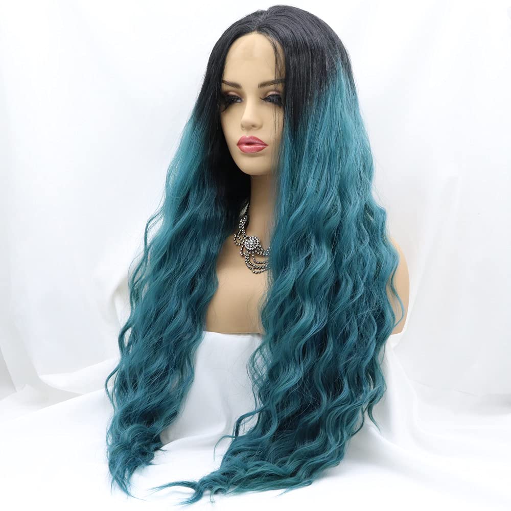 Xiweiya Deep Curly Dark Blue Green with Black Roots Synthetic Lace Front Wig For Women Heat Resistant Replacement Cosplay Makeup 24 Inches