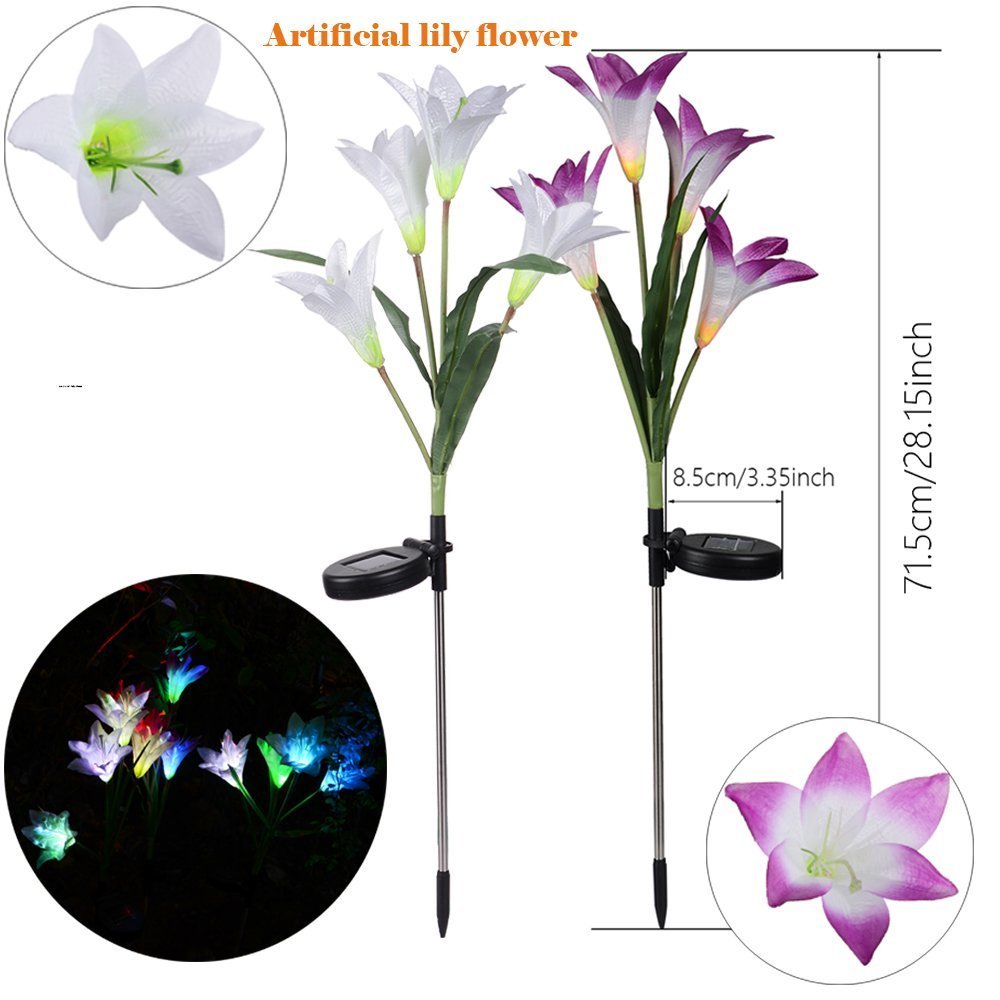 Solar Garden Lights, 2 Pack Outdoor Stake Light with 8 Lily Flower, Multi-Color Changing LED Solar Decorative Lights for Path,Garden, Patio and Yard (Purple and White)