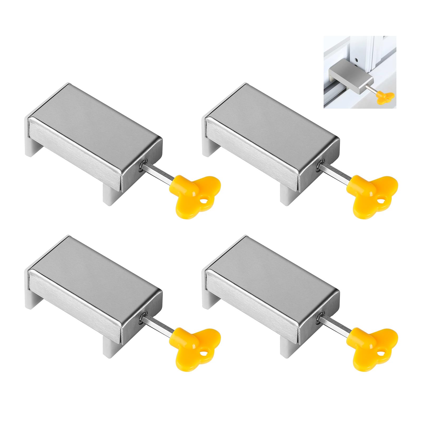 SUPAWAY 4 Pieces Sliding Window Closing Adjustable Window Lock Stainless Steel Sliding Window Locks Children's Safety Lock with Key Sliding Window Stopper Silver Door Frame Safety Lock