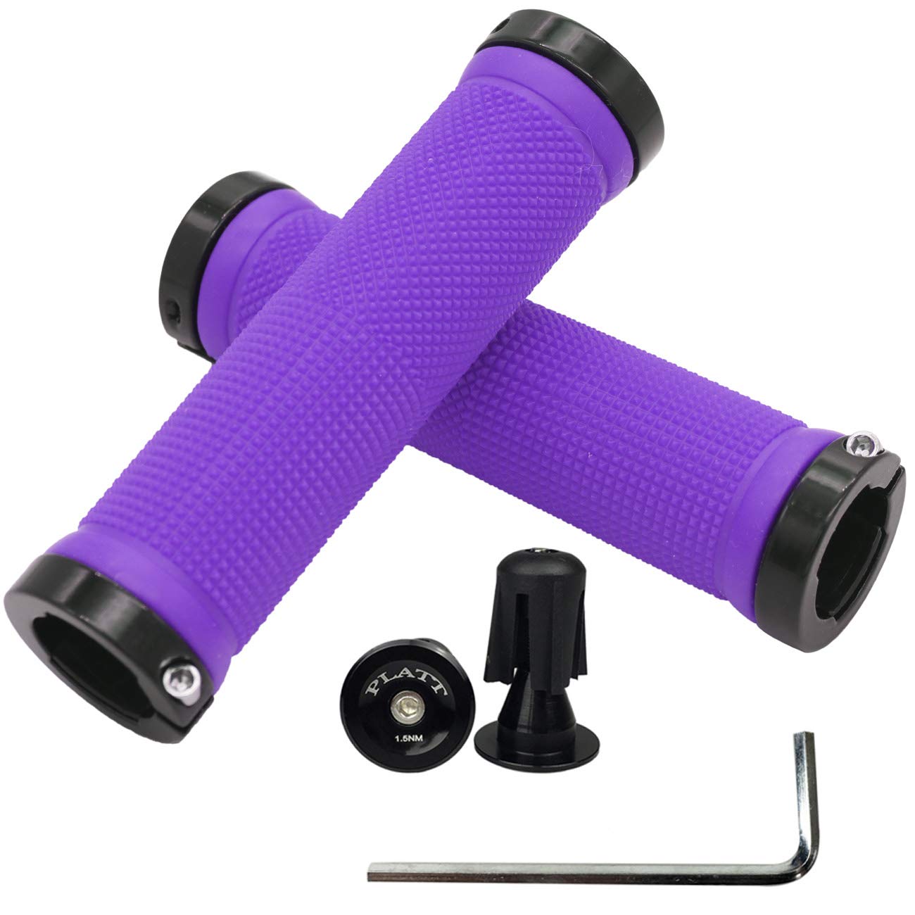 PLATT Bike Handlebar Grips with Aluminum Lock Non-Slip Rubber Bicycle Handle Grip for MTB/BMX (Purple)
