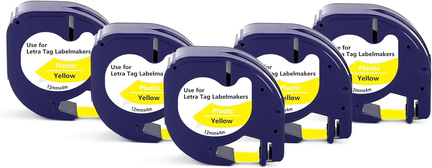 UNOKA 5X Compatible for Dymo LetraTag Yellow Plastic Tape Refills 91202 S0721620, Black on Yellow 12mm x 4m Cartridge for Dynamo Letratag LT-100H LT-100T LT-110T QX50 XR XM 2000 Plus Label Makers