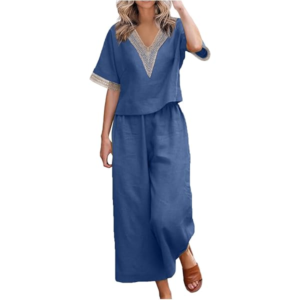 Women's Two Piece Outfit Set - Short Sleeve Tee & Wide Leg Pants, Drawstring Waist, Split Hem, Casual Lounge Tracksuit