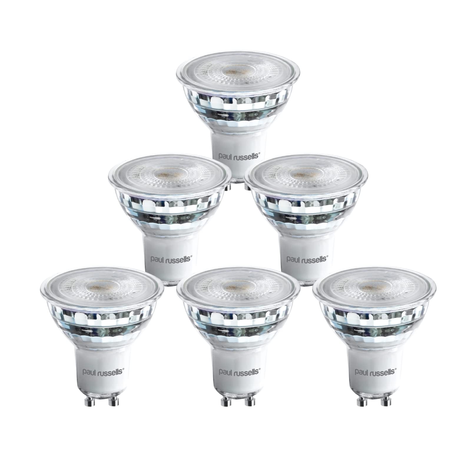 paul russells LED Glass GU10 – Dimmable Fittings Spot Lightbulbs, 4.5W 345 Lumens LED Bulbs, 50w Equivalent, Bright 6500K Daylight, Dimmer Energy Saving 38° Ceiling Spotlights, 6 Pack