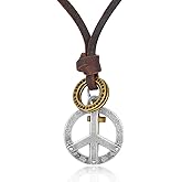 BIYONGDE Vintage Anti-war Peace Sign Pendant Necklace, Adjustable Brown Leather, Mens Womens, Tribal Ethnic
