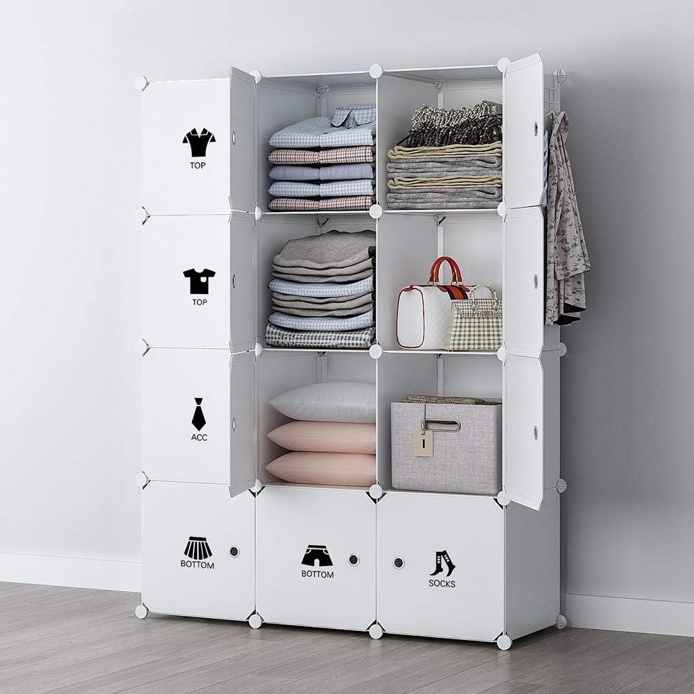 YOZO Modular Wardrobe Portable Clothes Closet Chest Drawer Polyresin Storage Organizer Bedroom Armoire Cubby Shelving Unit Dresser Multifunction Cabinet DIY Furniture, White, 12 Cubes