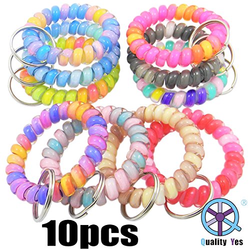 QY 10PCS Colorful Bright Assorted Colors Plastic Spiral Coil Wrist Band Key Ring Chain (Pattern O)