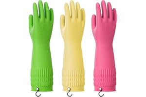 Rubber Dishwashing Gloves for Kitchen - Ausdown 3 Pairs Non-Slip 15inch Long Cleaning Washing Dish Household Latex Glove (Med