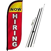 LookOurWay Feather Flag Set - 5ft Tall Advertising Banner Flag with Pole Kit and Ground Spike for Business Promotion - Now Hiring