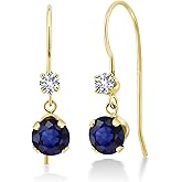 Gem Stone King 14K Yellow Gold Blue Sapphire and White Created Sapphire French Wire Dangle Hook Earrings For Women (1.22 Cttw, Gemstone September Birthstone, Round 5MM and 2.5MM)