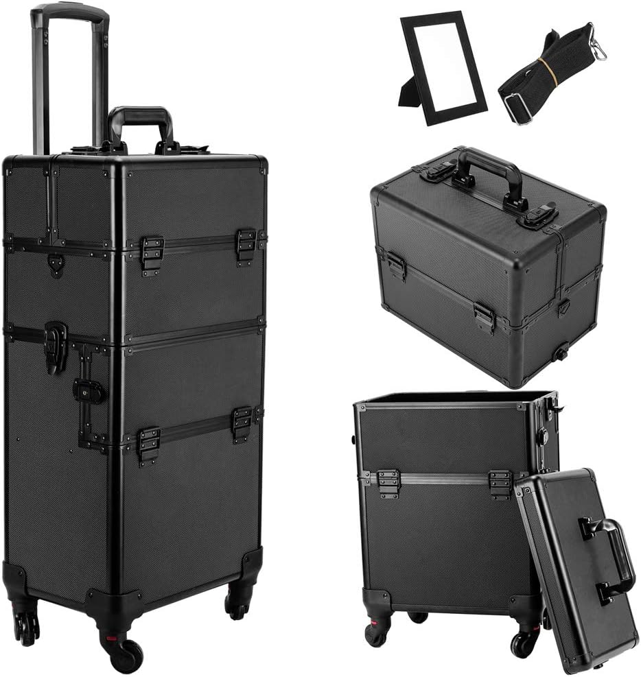 Makeup Train Case with Wheels 3 in 1 Professional Cosmetics Trolley Black