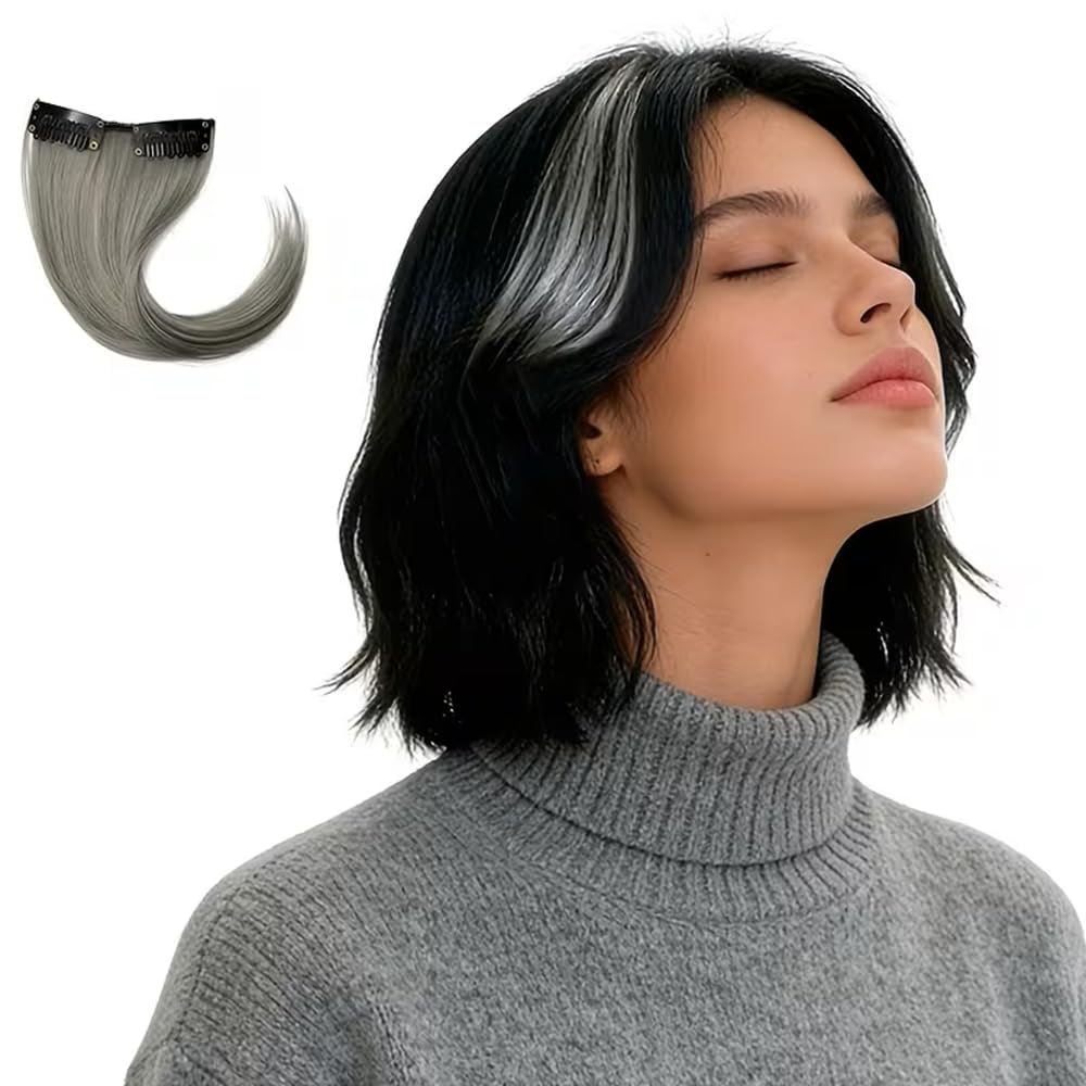 Clip In Human Hair Synthetic Short Side Sweep Fringe Rainbow Colourful Bang (Grey/Silver) — image 1