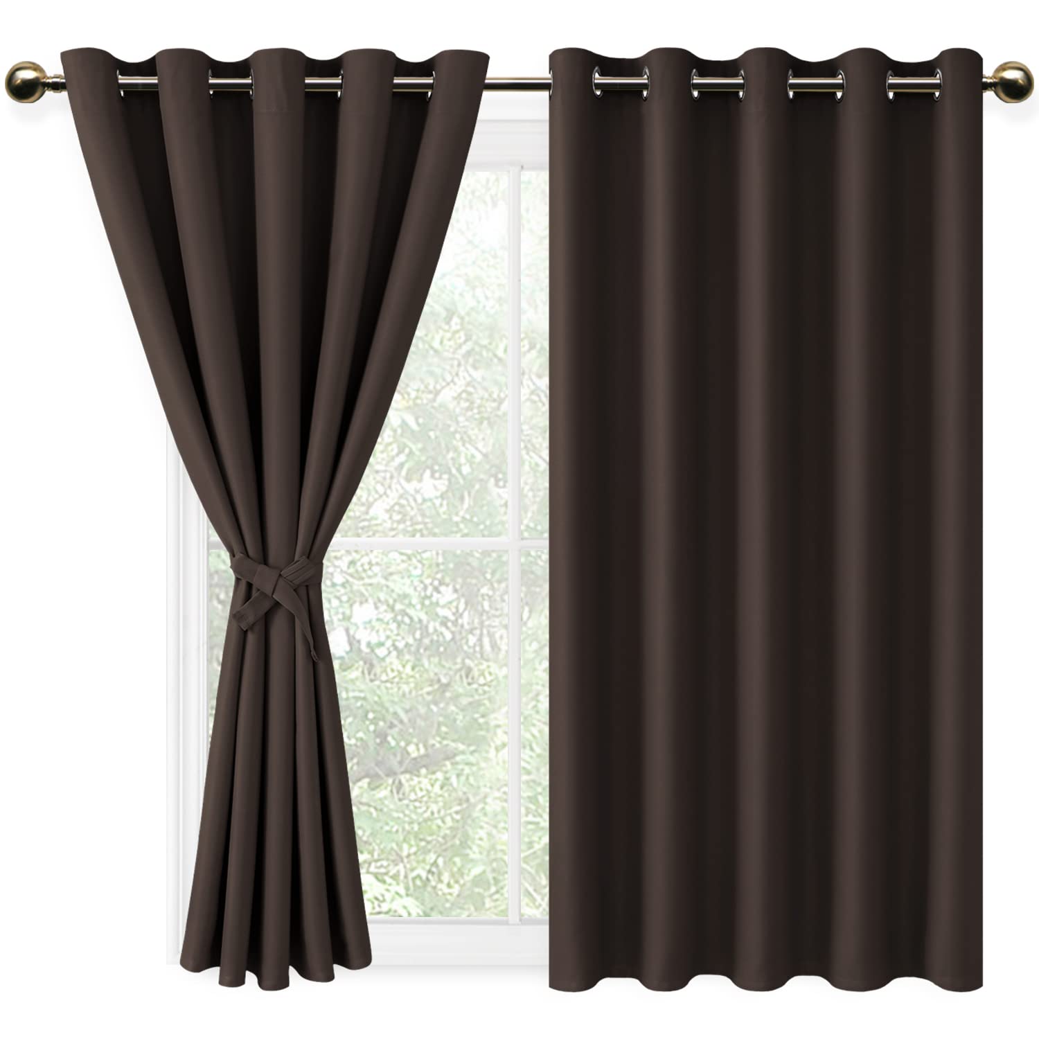 DWCN Brown Blackout Curtains with Tiebacks for Bedroom Thermal Insulated Solid Eyelet Curtains for Living Room,2 Panels,66" Wide x 54" Drop