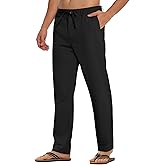 PLEPAN Mens Linen Pants Elastic Waist Drawstring Casual Linen Dress Pants Summer Beach Lightweight Trousers