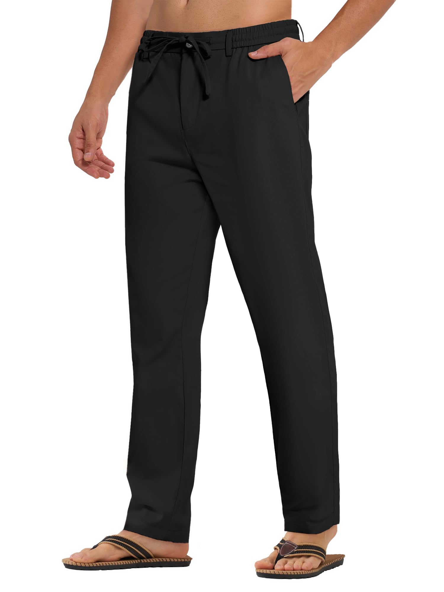 Photo 1 of PLEPAN Men's Linen Pants Stretch Elastic Waist Drawstring Regular Fit Summer Beach Casual Dress Linen Trousers, Black, US (38) XL