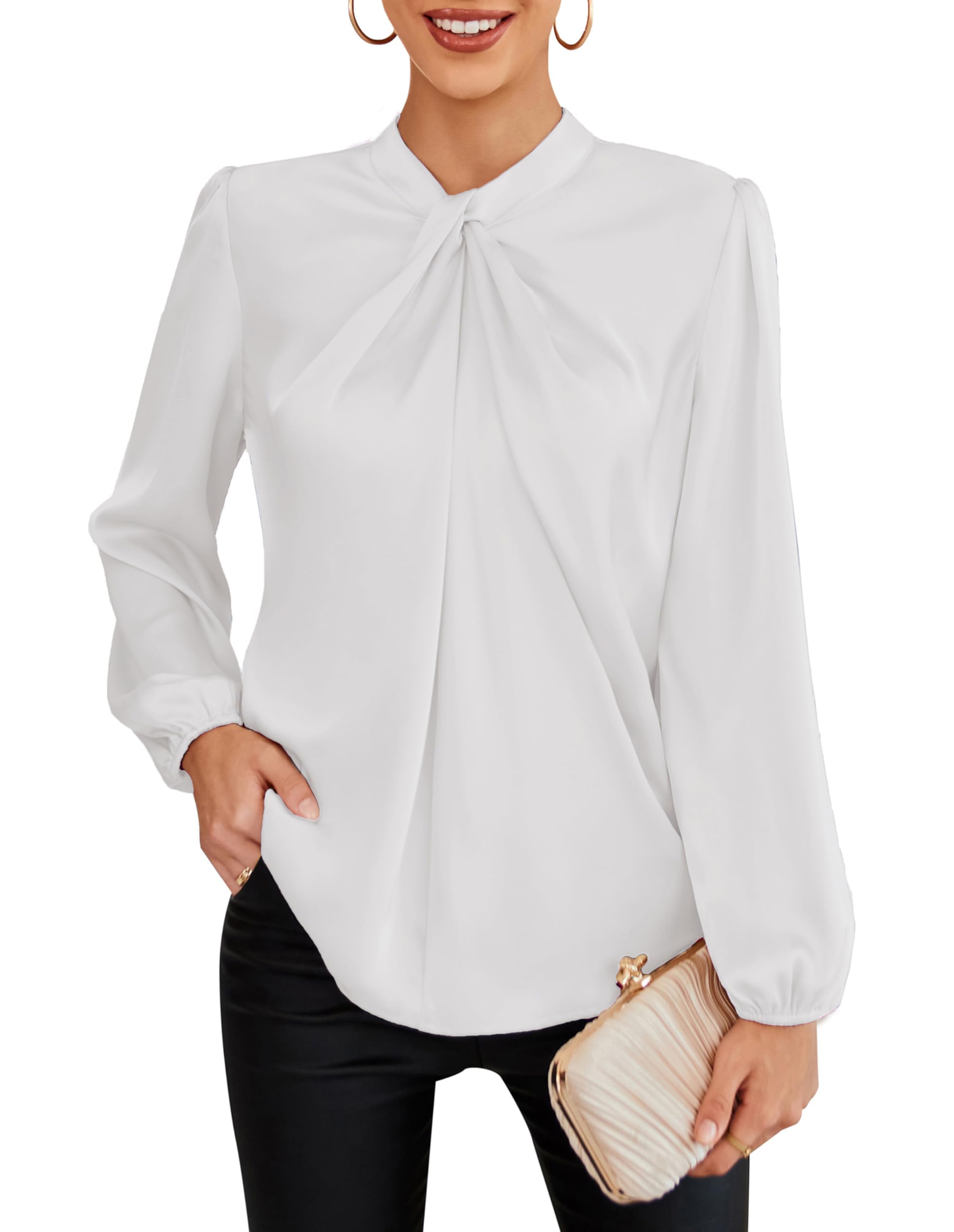 Photo 1 of GRACE KARIN Women's Long Sleeve Shirts Mock Neck Casual Satin Blouse Tops for Business Office Work Ivory M