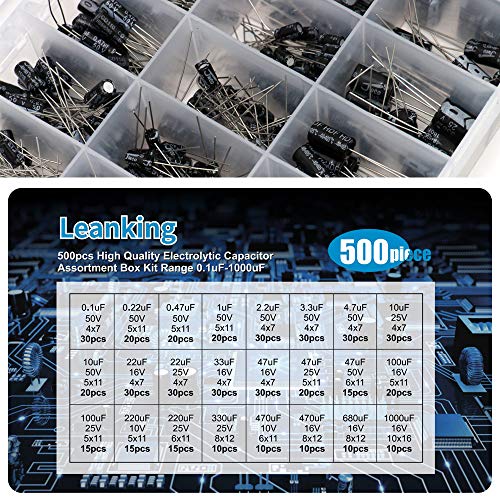 LeanKing Electrolytic Capacitors,500PCS 24 Value Assorted Assortment Kit Set with Clear Plastic Box to Carry Convenient Range 0.1uF-1000uF