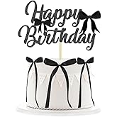 11 Pcs Black Bow Cake Toppers, Happy Birthday Sign, 10Pcs Ribbion Bow Cupcake Toppers for Black Bow Birthday Decorations, Baby Shower, Bridal Shower, Graduation Party