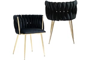 NIOIIKIT Modern Velvet Dining Chairs Set of 2 Hand Weaving Accent Chairs Living Room Chairs Upholstered Side Chair with Golden Metal Legs for Dining Room Kitchen Vanity (Black)