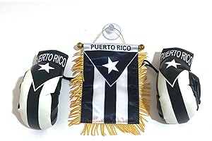 PRK 14 Set of Puerto Rico Black & White Window Hanging Car Flag & Puerto Rico Black & White Boxing Glove
