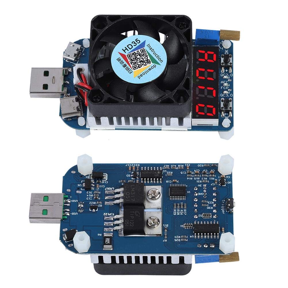 Eboxer USB Load Tester Module Resistor 0.25A-5A Adjustable Constant Current Intelligent 4V-25V 35W Discharging Power Multimeter With Cooling Fan & LCD Digital Display