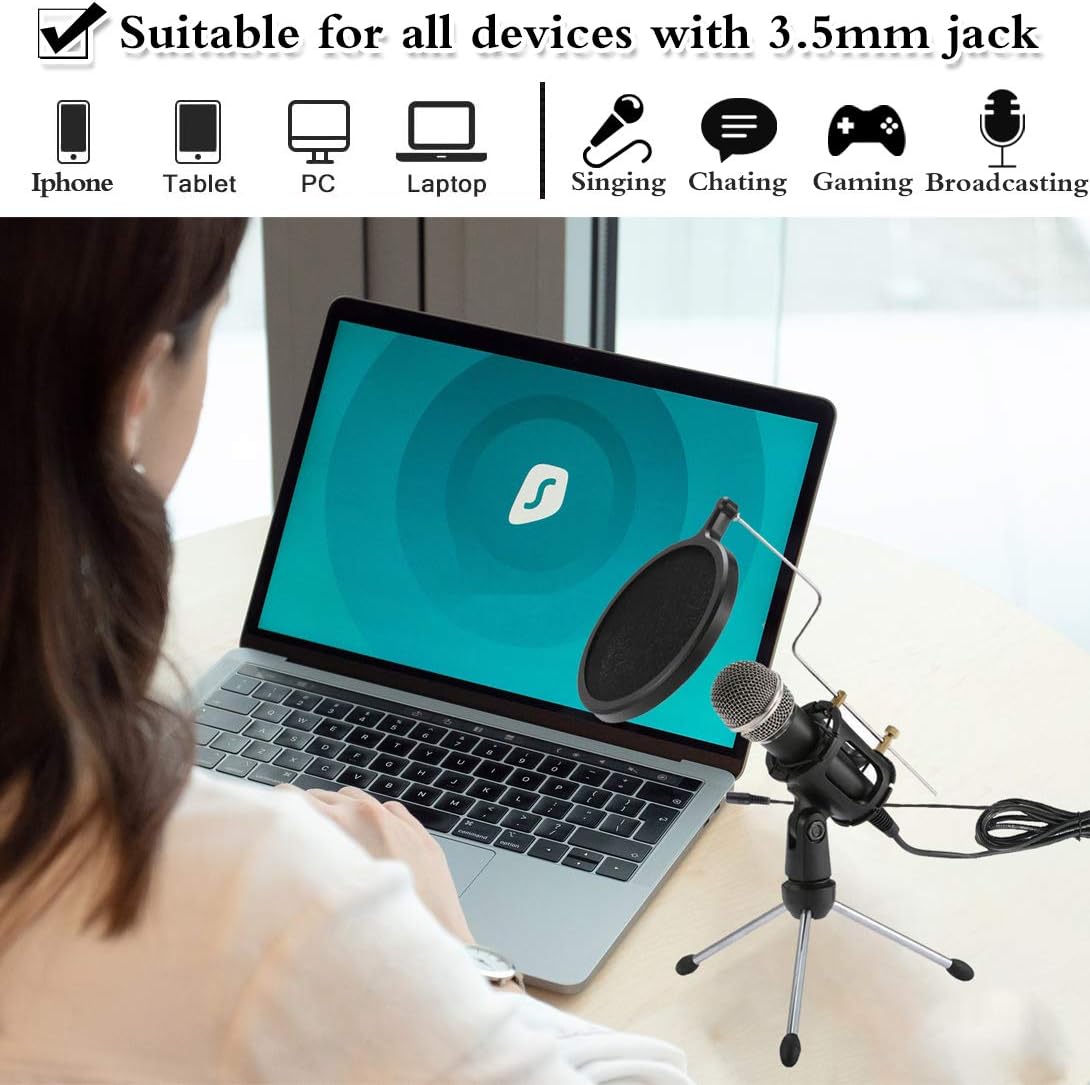 Condenser Microphone for Computer Studio Recording Podcast Microphone with Pop Filter 3.5mm Plug and Play PC Phone Microphone for Skype YouTube Voice Overs Gaming Mic: Home Audio & Theater