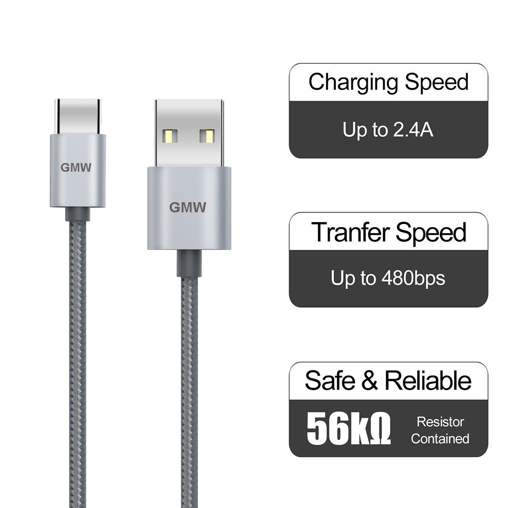 USB Type C Fast Charging Cable, GMW USB Type A to Type C Charger Cord Nylon Braided 6.6 FT 2 Pack for Huawei P20, Samsung Galaxy S9, Note 8, S8 Plus, Google Pixel