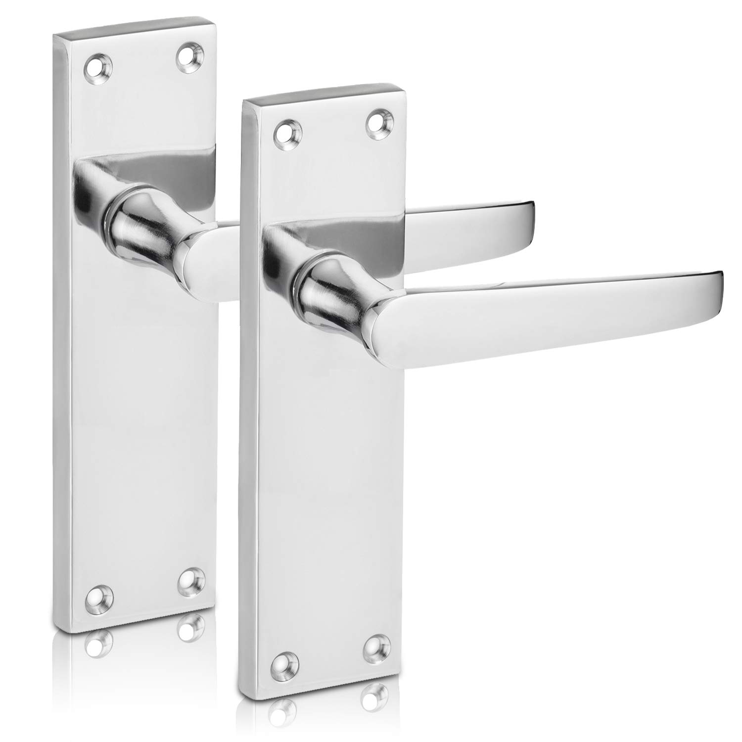 XFORT® Victorian Lever Latch Flat Polished Chrome Door Handles, Long 6" Backplate, Elegant Door Handle Set for Wooden Doors, Classic Straight Design, Ideal for All Types of Internal Doors [1 Pair]