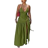 Two Piece Skirt Set Women Sexy Halter Backless Bodysuit and Wrap Tied High Split Summer Maxi Skirt Set