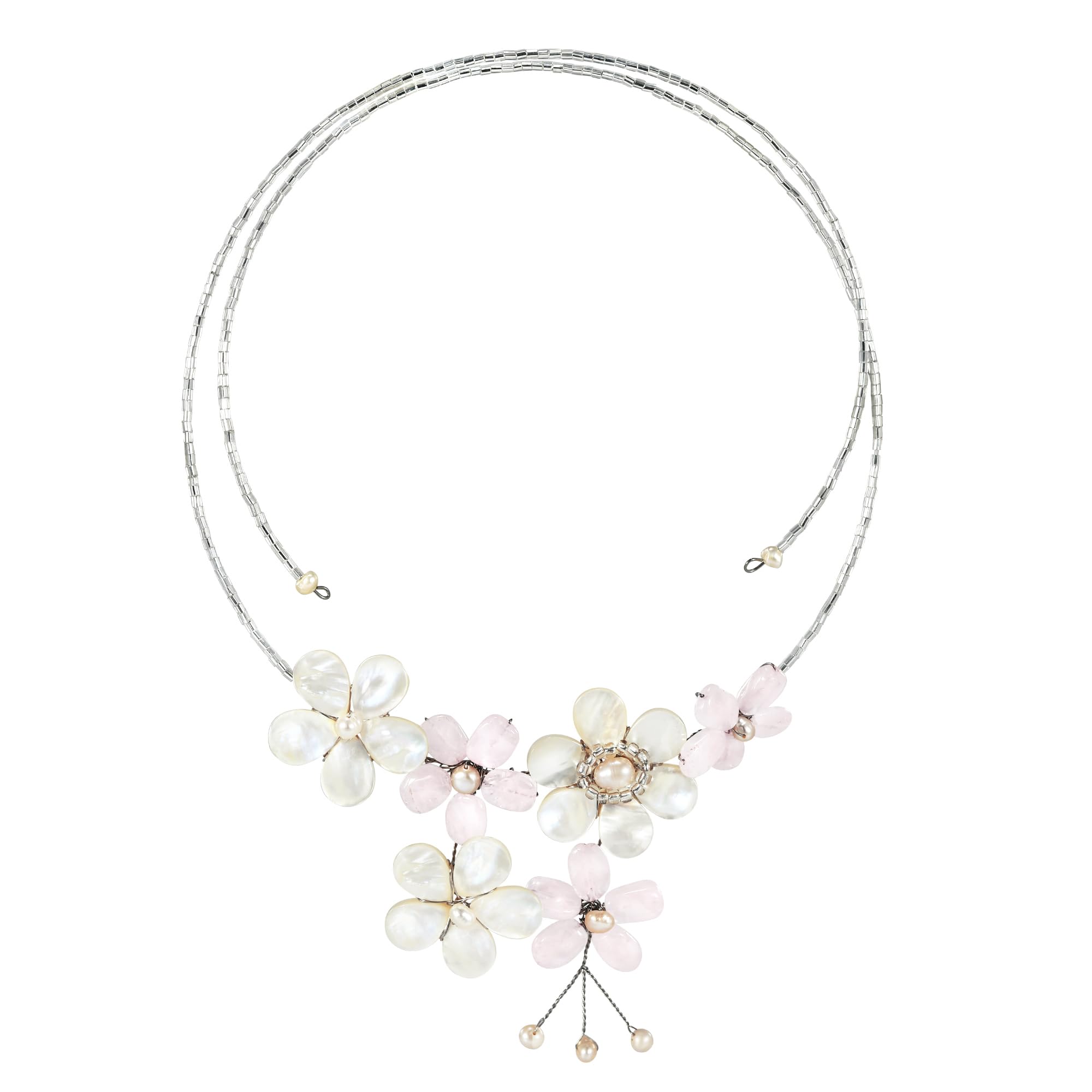 Stunning Elegance Simulated Pink Quartz and White Mother of Pearl Floral Choker Wrap Necklace