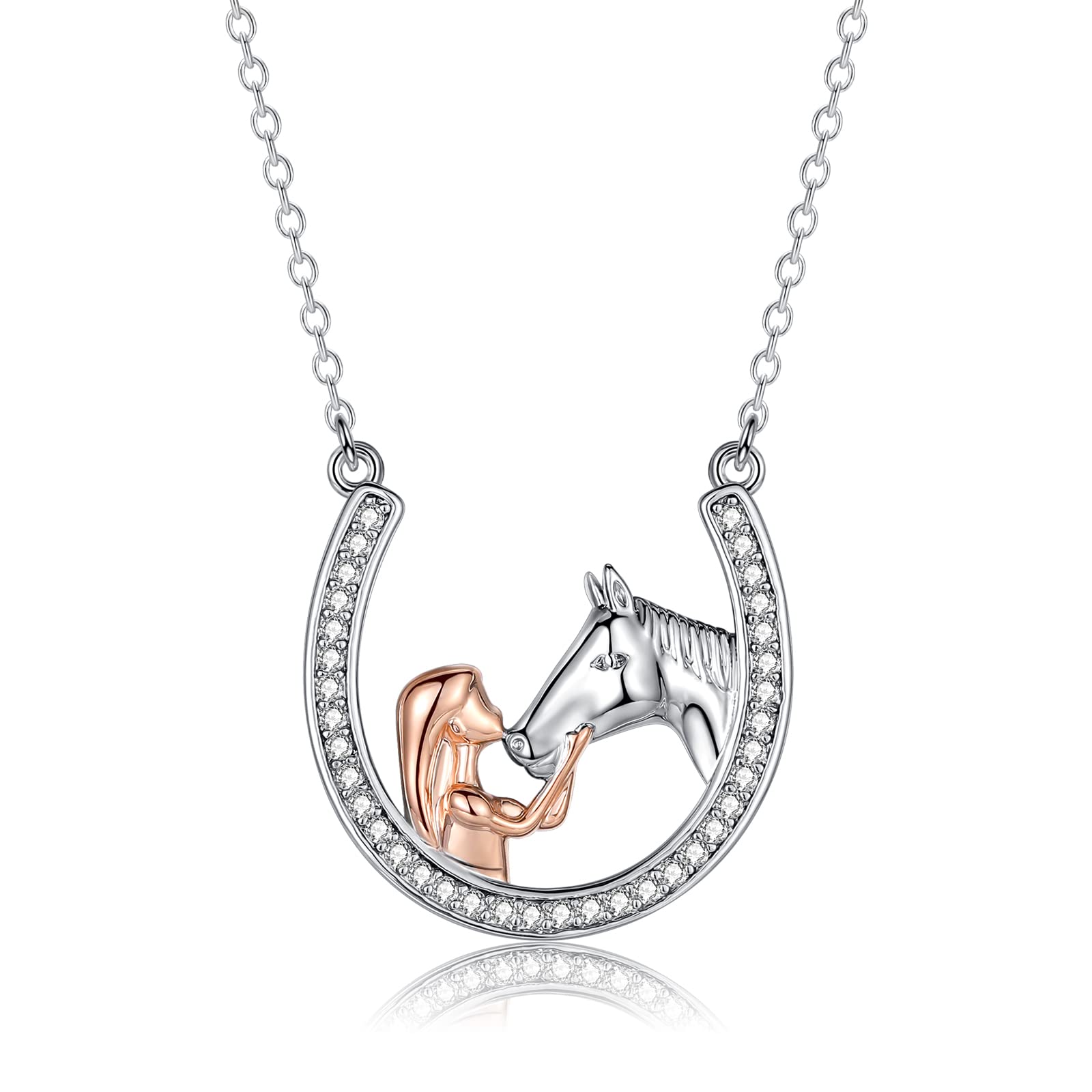 Horse Gifts for Women Girls, Sterling Silver Girl and Horse Necklace Cubic Zirconia Horseshoe Pendant Silver Necklaces Horse Lovers Jewellery Anniversary Birthday Presents with Gift Box, 16"+2"