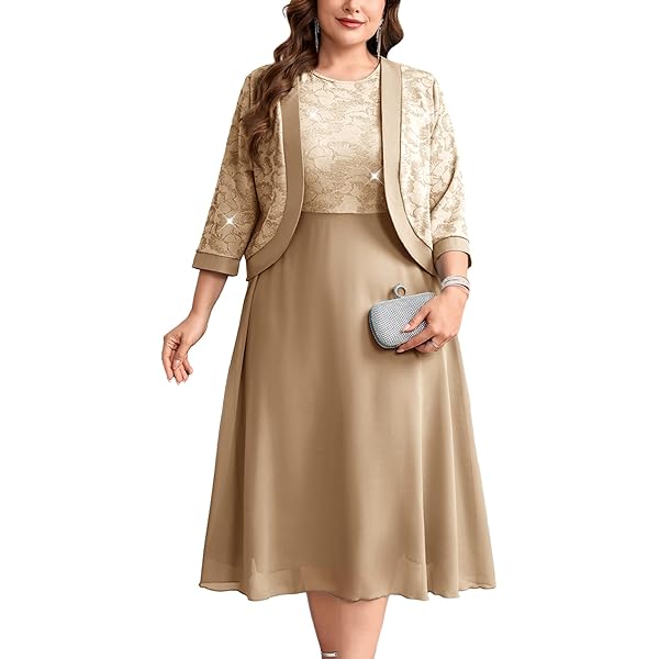 gold plus size mother of the bride dresses Cicinia 2 Pieces Knee Length Gold Mother Of The Bride Dress With Jacke main image 0