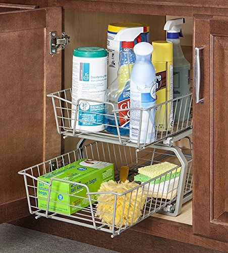 CLOSETMAID 11 IN. PULL OUT CABINET ORGANIZER, 2 TIER, HEAVY DUTY, SLIDE OUT PANTRY SHELVES DRAWERS FOR KITCHEN, BATHROOM, NICKEL