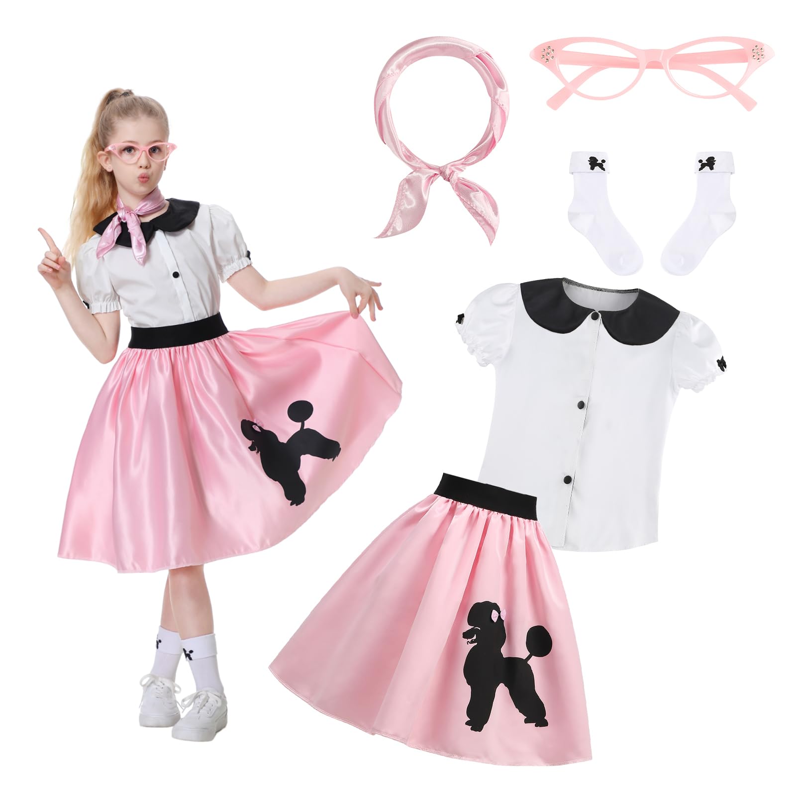 Photo 1 of HAPNBCELE 1950s Outfits for Girls Sock Hop Poodle Skirts Costumes 50s Theme Party Size 4-6 (Pink)