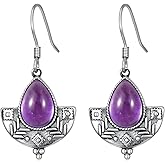 Natural Amethyst Vintage Tribal Dangle Earrings for Women, 925 Sterling Silver Teardrop Gemstone Earrings, Boho Ethnic Statement Jewelry Gift