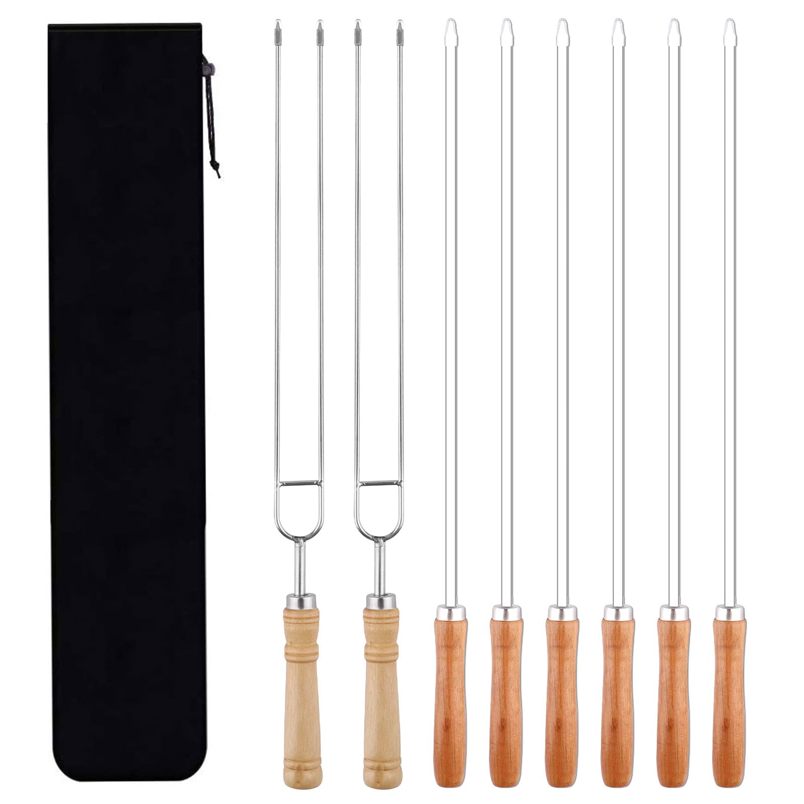 Skewers for Grilling, Stainless Steel BBQ Sticks with Wooden Handle 16 inch Kabob Skewer with Campfire Roasting Bag, 8 PCS (Wooden)