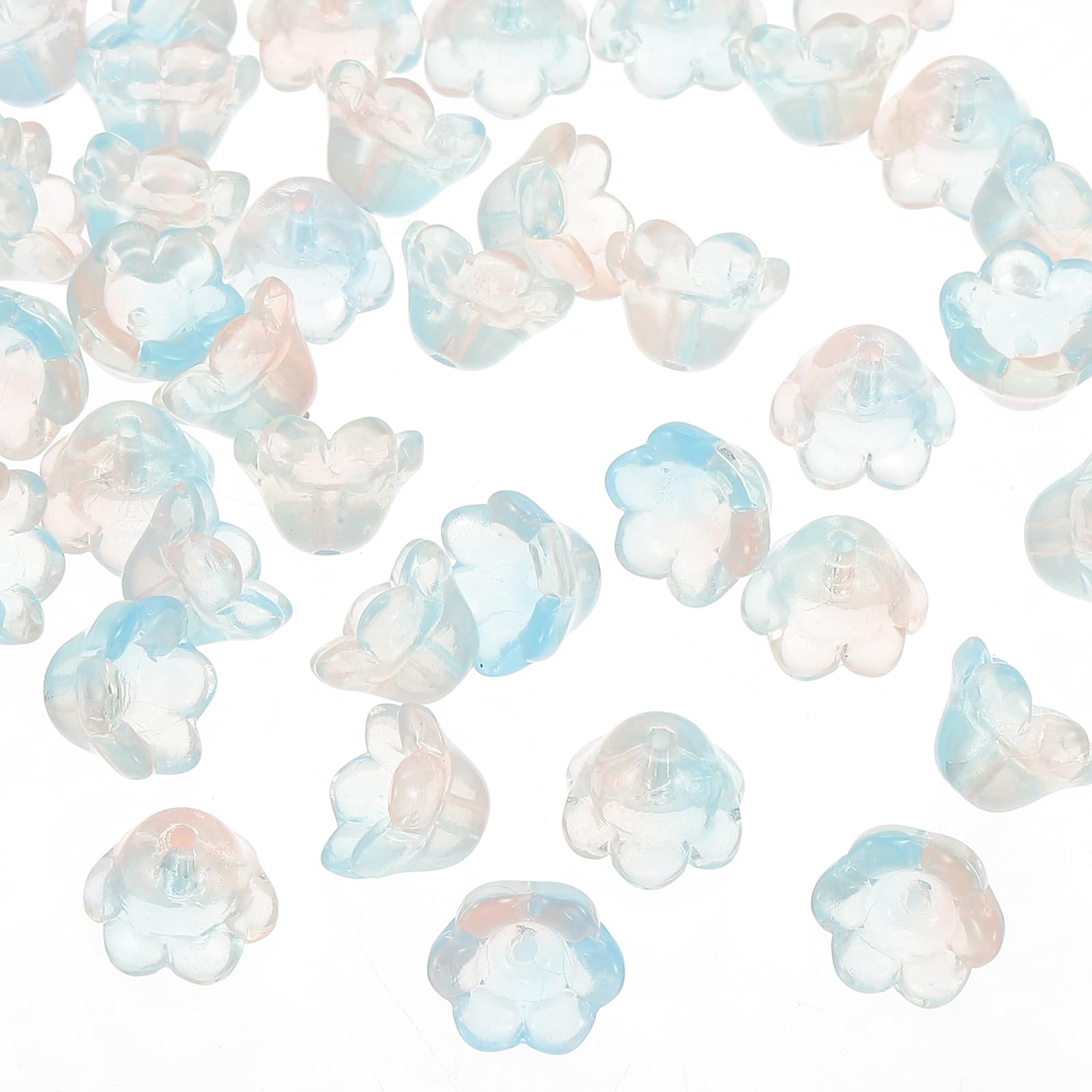 PATIKIL Glass Trumpet Flower Beads, 100 Pcs Gradient Flower Bead Charm for DIY Craft Decorations, Light Pink, Blue
