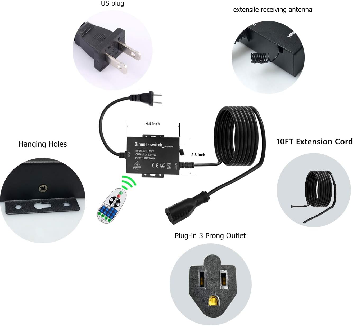 Outdoor Dimmer Switch Plug-in Dimmer Switch for String Lights, Max 800W Bulbs Dimmer Switch with 10 Ft Extension Cord 3 Prong 100 Ft Wireless Remote Control, Timer Function - - 