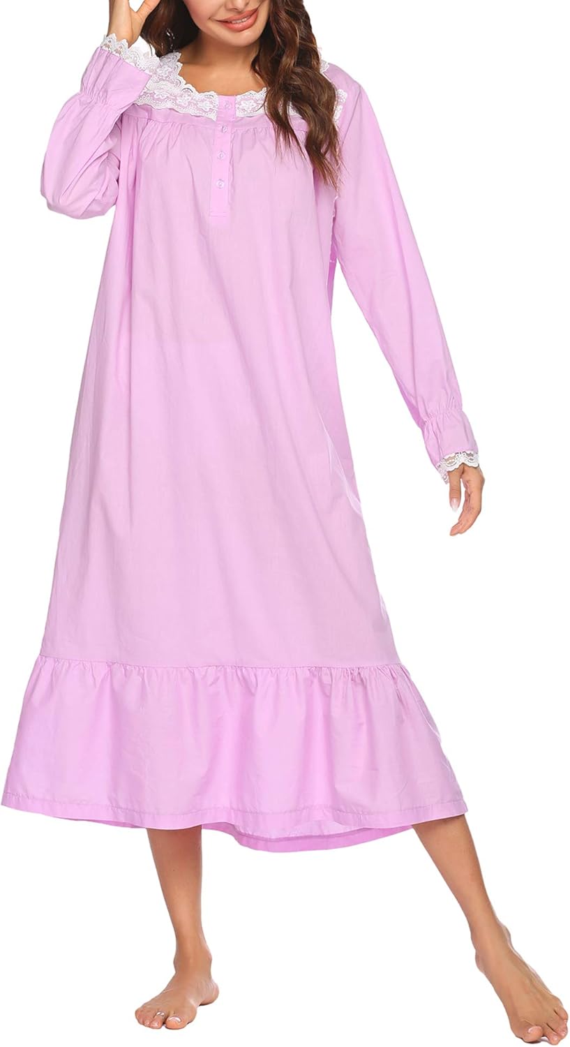 Ekouaer Sleepwear Victorian Nightgown Cotton Sleepshirt Long Sleeve Pajama Dress Vintage Loungewear for Women at  Women’s Clothing store