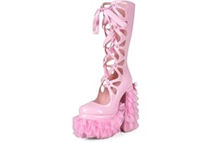 JO FU KEI Kawaii Sweet Lolita Chunky Platform Knee High Heeled Boots, Cosplay Anime Patent Bow Ribbon Satin Lace Butterfly, Y2K Gothic Hot Cute Lovely Girl Big Large Size Shoes For Women Men