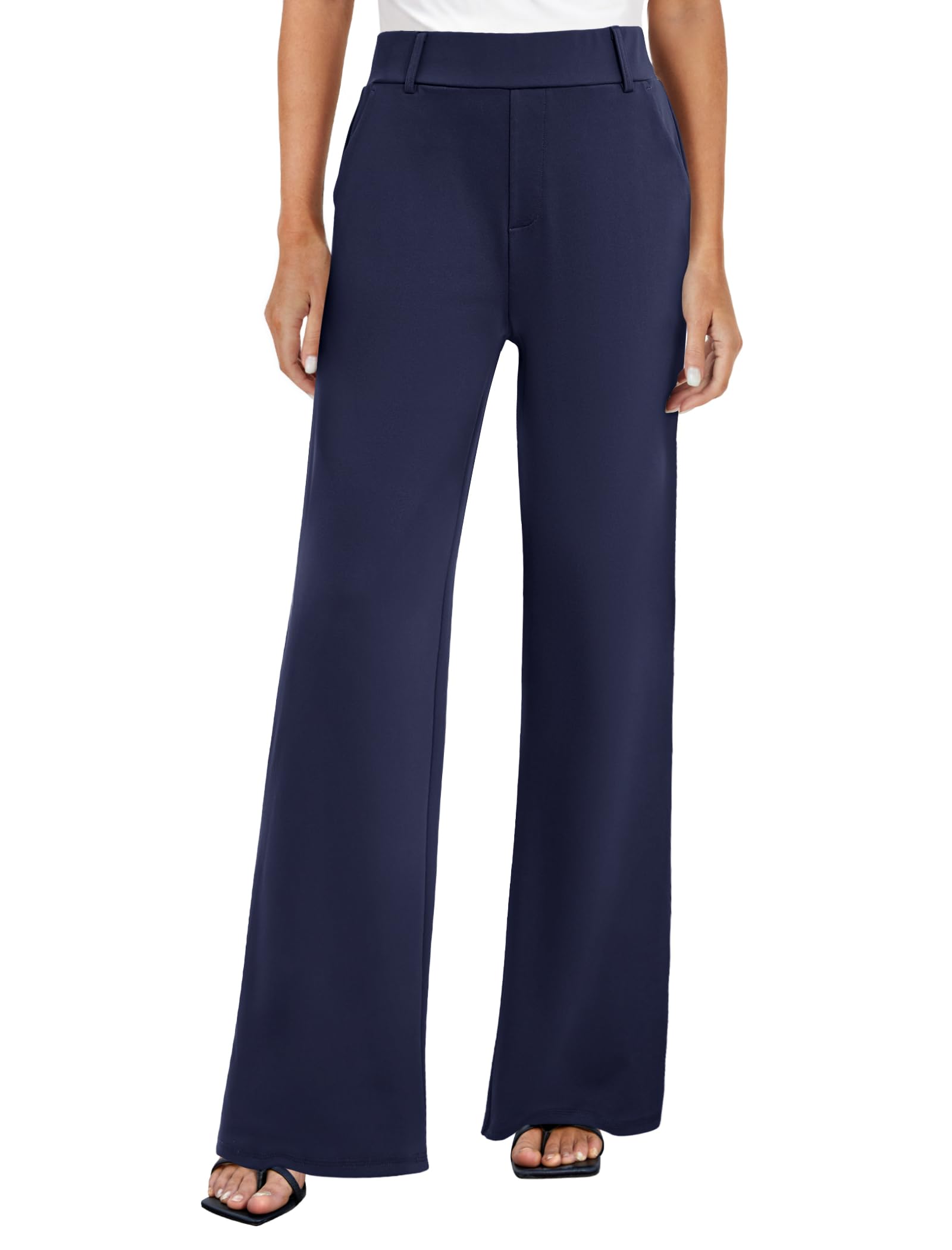 Photo 1 of FireSwan Women's Wide Leg Dress Pants High Waisted Stretchy Work Trousers Business Casual Office Pull on Slacks with Pockets Navy