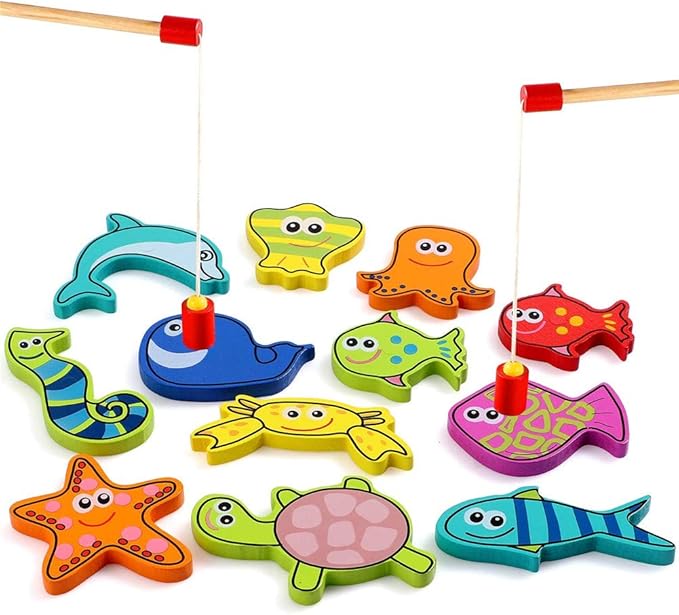 XMY 12 PCS Juego de Pesca de Madera Chunky magnético Juego de Pesca