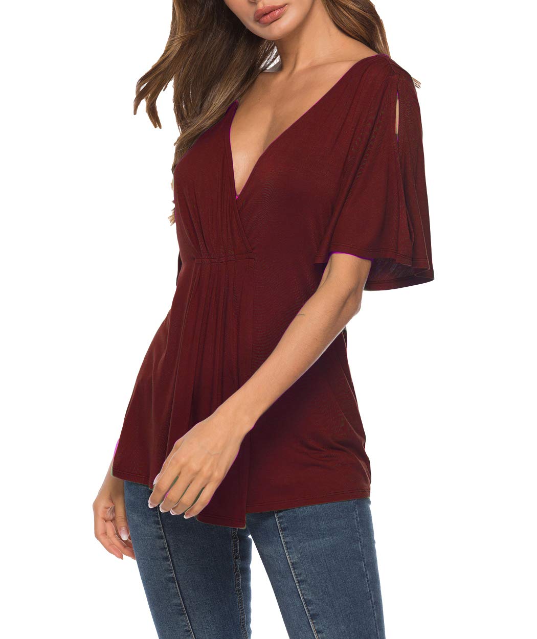 Eanklosco V Neck Shirts Womens Sexy Short Sleeve Cold Shoulder Tops Unique Ruffle Front Side Slit T Shirts (M, Wine Red)