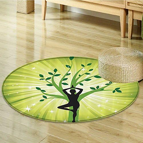 Nalahomeqq Yoga Decor Collection Yoga Tree Asana Sport Ancient Indian Practices Aura Breath Standing Figure Design Polyester Fabric Room Circle carpet non-slip Clover Green Black-Diameter 100cm(40")