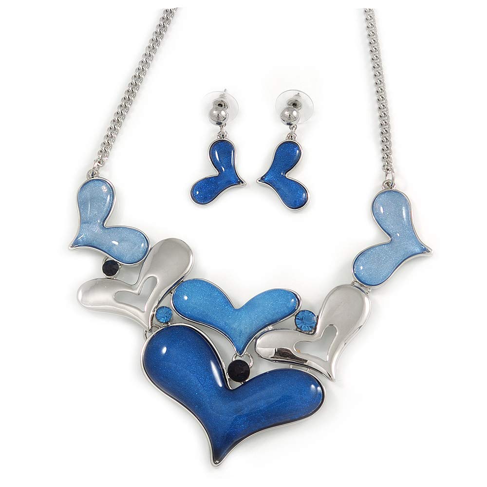 Avalaya Blue Glass Crystal Heart Necklace and Drop Earrings Set/Silver Tone/ 42cm L/ 7cm Ext