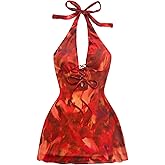 Verdusa Women's Tie Dye Lace Up Halter Dress Backless Mini Bodycon Dresses Concert Outfits