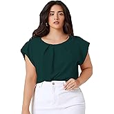 Milumia Women's Plus Size Pleated Top Crew Neck Cap Sleeve Office Work Blouse Shirt