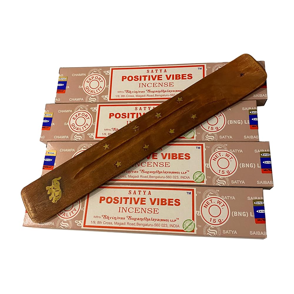 VIE Satya Incense Sticks, 4 Packs x 15g, with Incense Holder, Positive Vibes